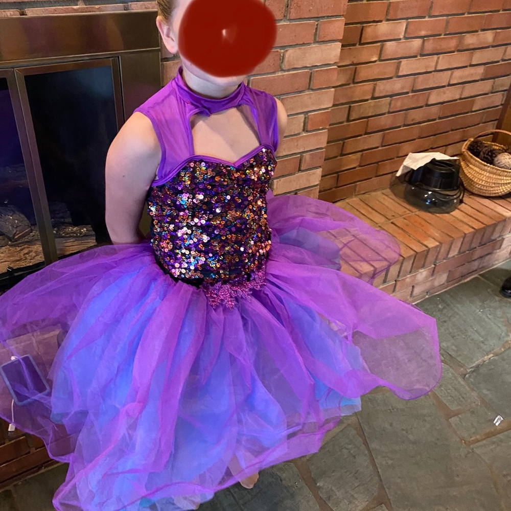 Purple sequin dance costume with 2 skirts